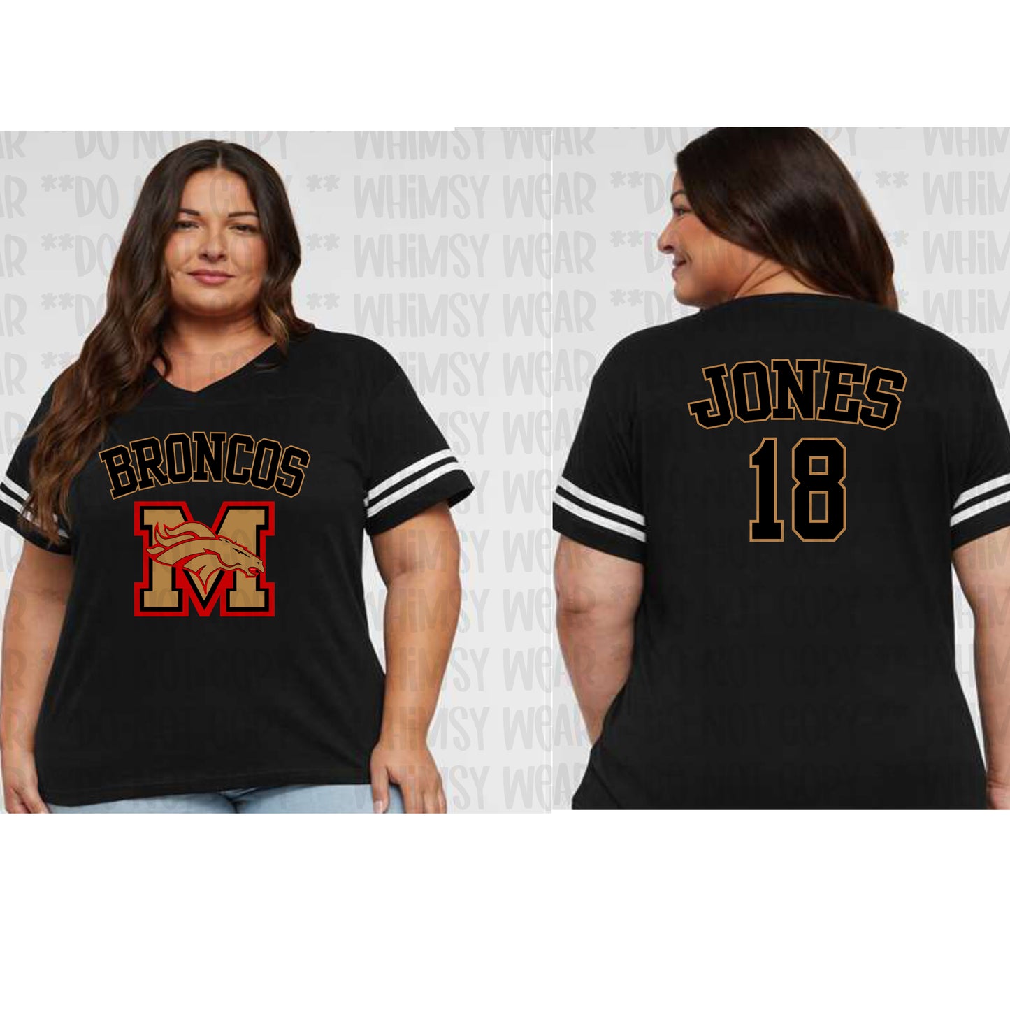 Morsey Jersey Design Black Letters With Gold Outline on Women's VNeck Jersey Tee (Front and Back Design)