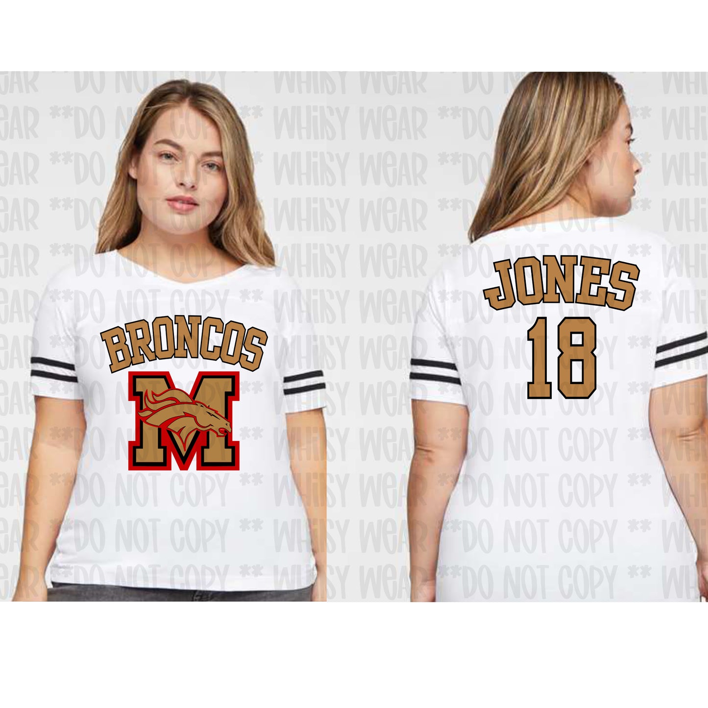 Morsey Jersey Design Gold Letters With Black Outline on Women's VNeck Jersey Tee (Front and Back Design)