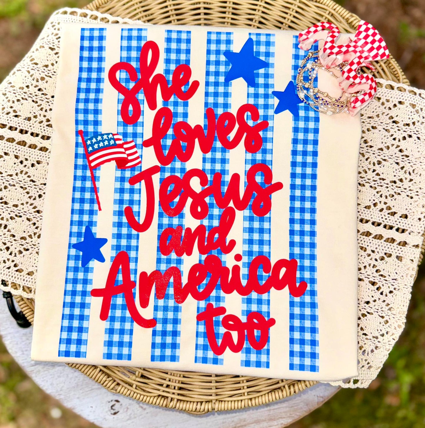 She Loves Jesus and America Too Blue Stripes