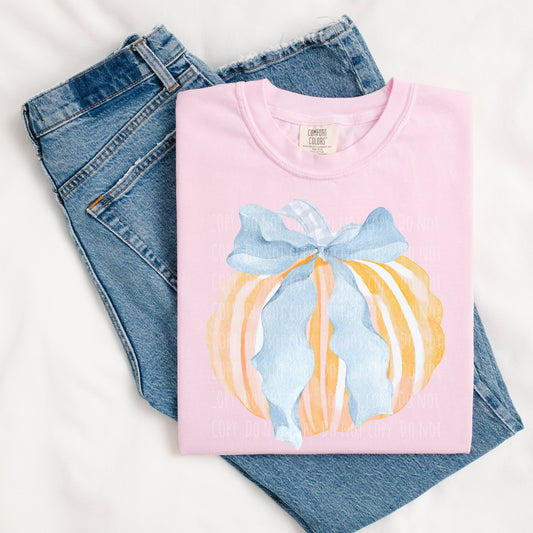 Watercolor Pumpkin with Blue Bow