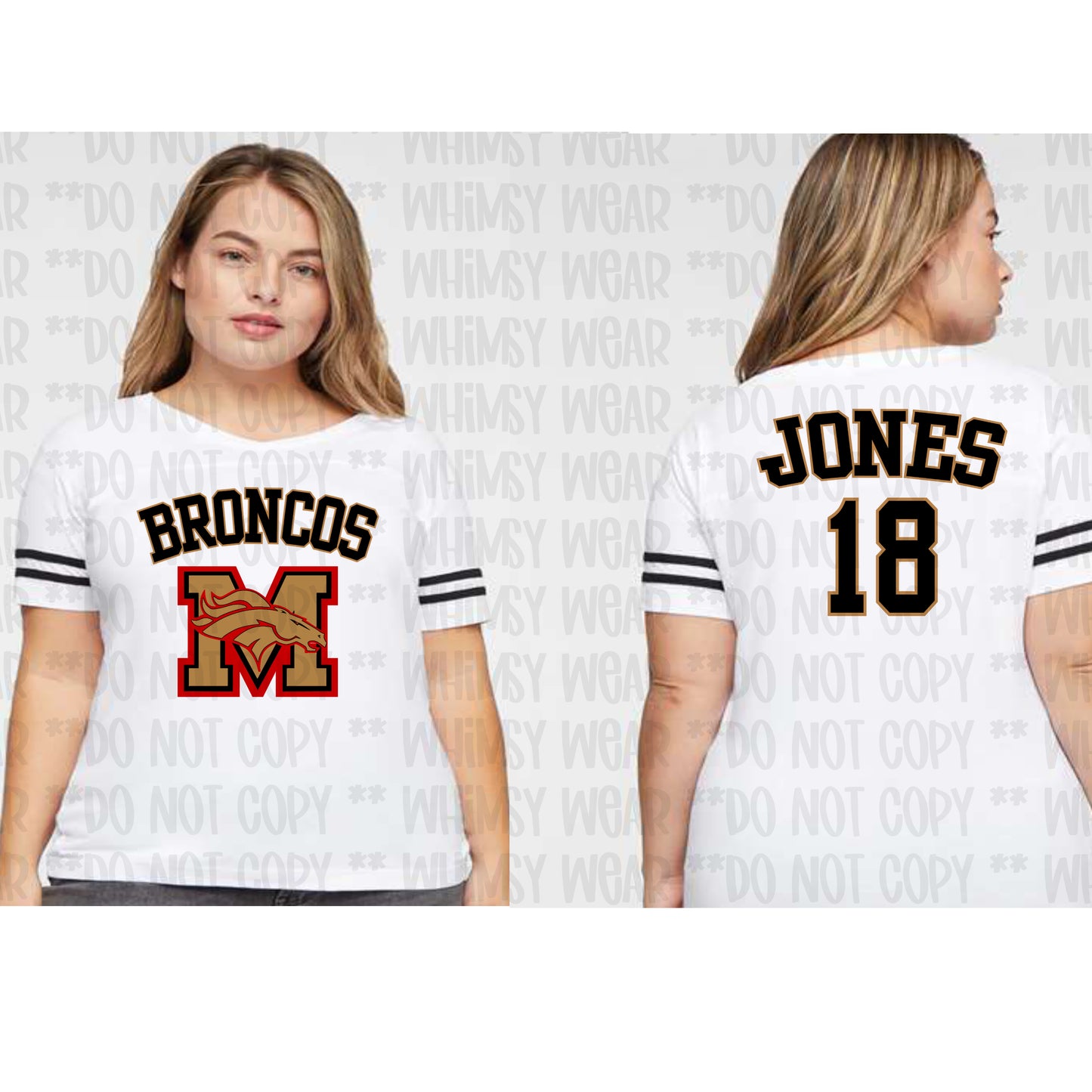 Morsey Jersey Design Black Letters With Gold Outline on Women's VNeck Jersey Tee (Front and Back Design)