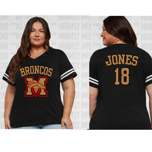 Morsey Jersey Design Gold Letters With Black Outline on Women's VNeck Jersey Tee (Front and Back Design)